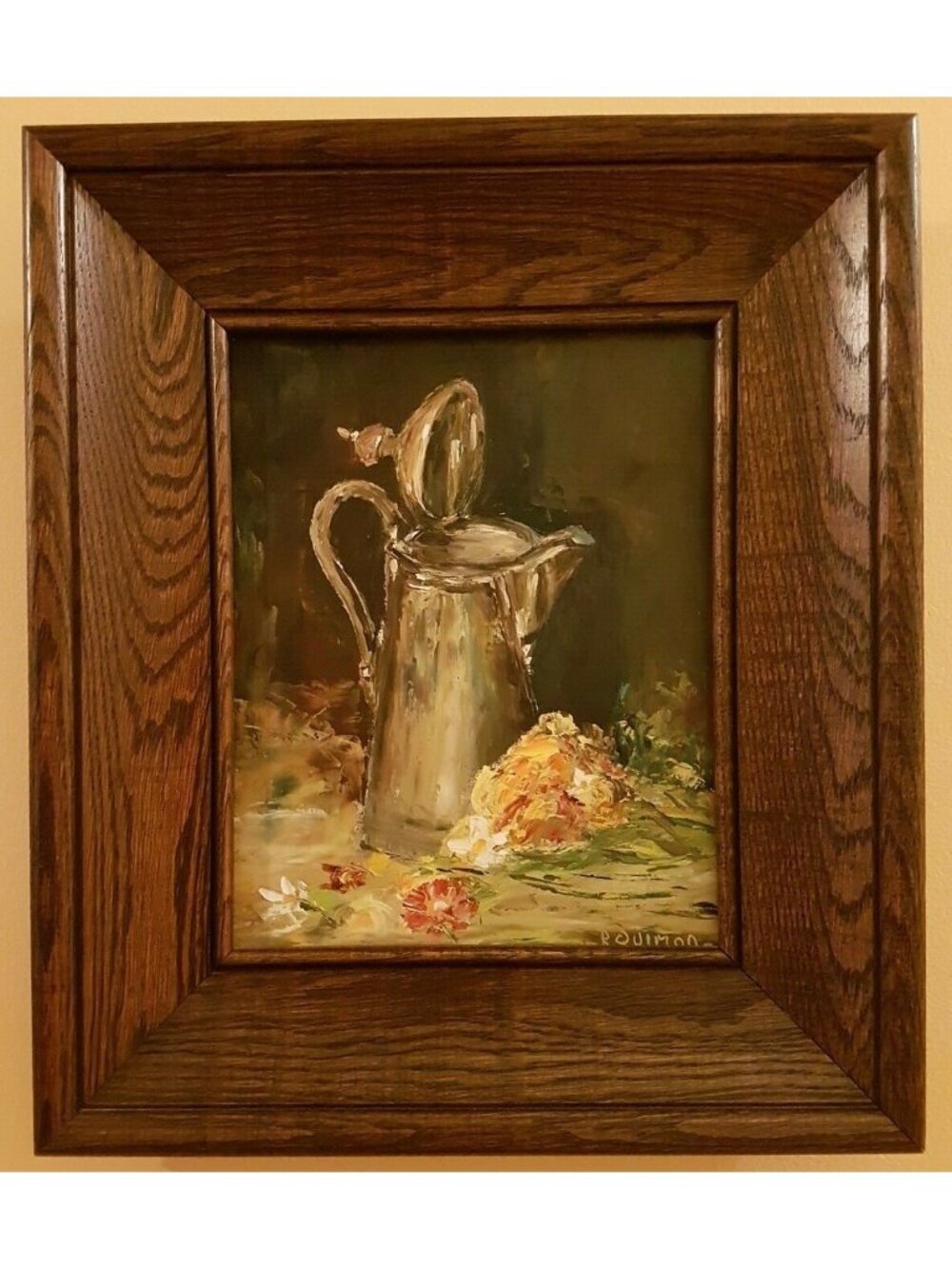 OIL PAINTING Coffee Pot Still Life Pink Flowers Oak Frame Signed Quimon Original